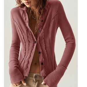 Ribbed Button-Down Long Sleeve Top in Dusty Rose